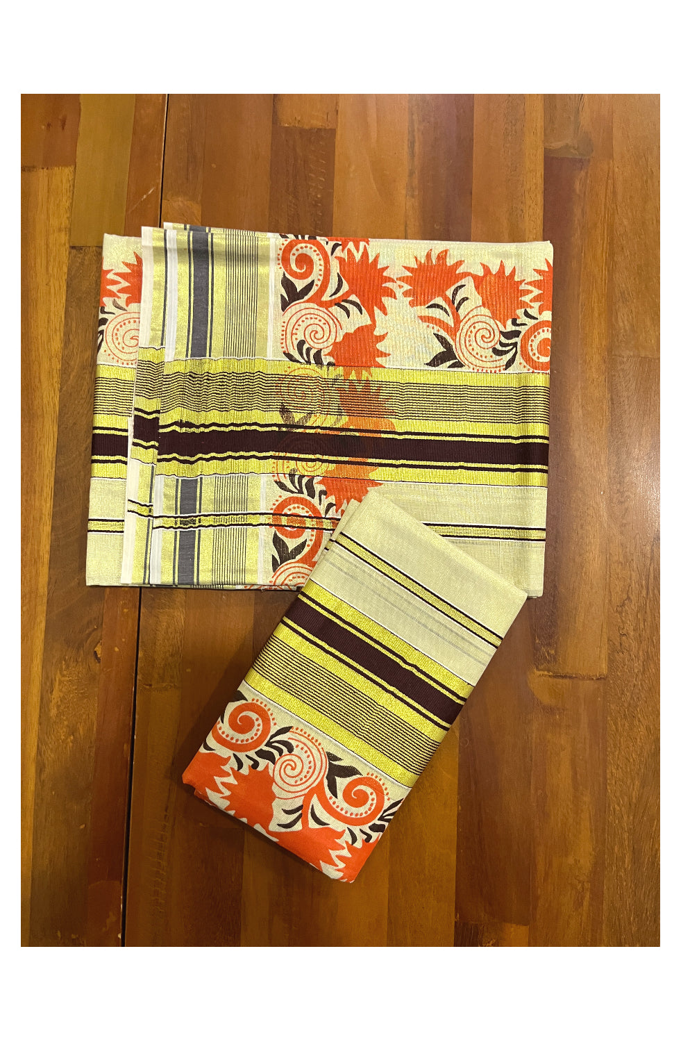 Kerala Tissue Set Mundu (Mundum Neriyathum) with Orange Floral Block Prints on Brown and Kasavu Border 2.80 Mtrs