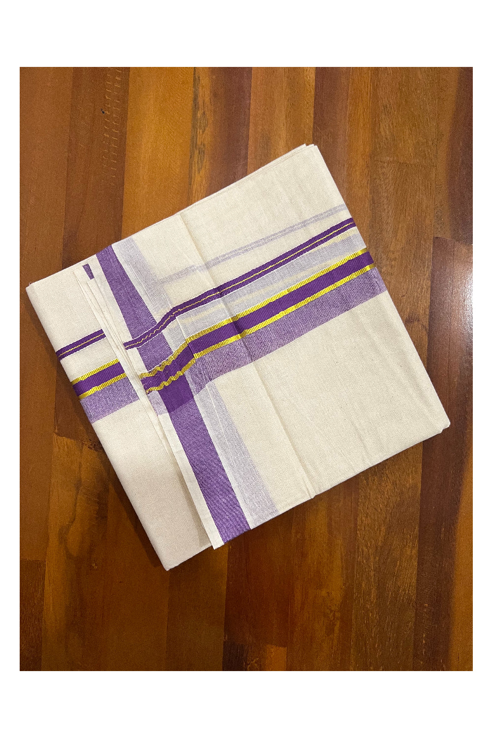 Off White Pure Cotton Double Mundu with Kasavu and Dark Violet Kara (South Indian Dhoti)