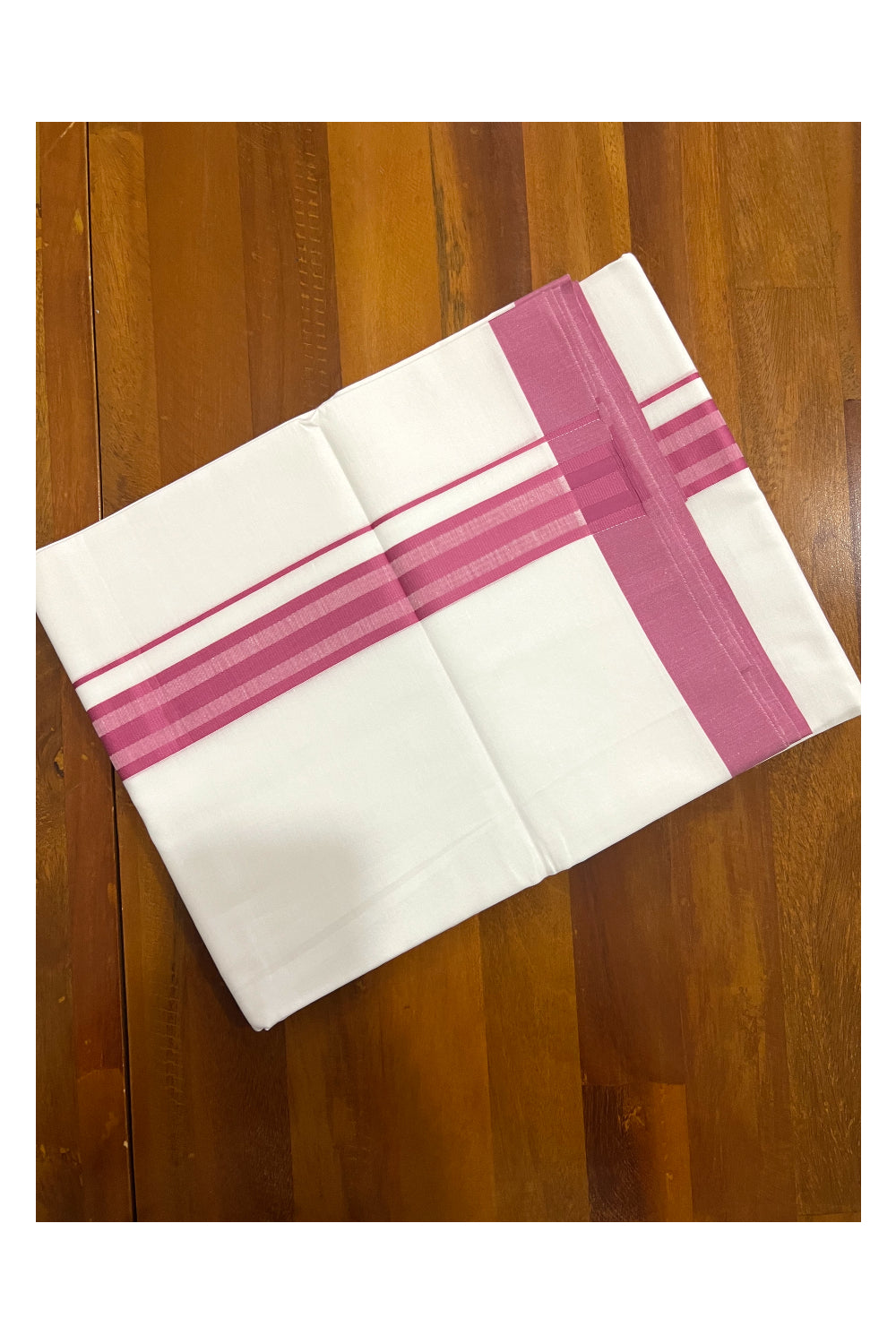 Pure White Cotton Double Mundu with Onion Pink Line Border (South Indian Dhoti)