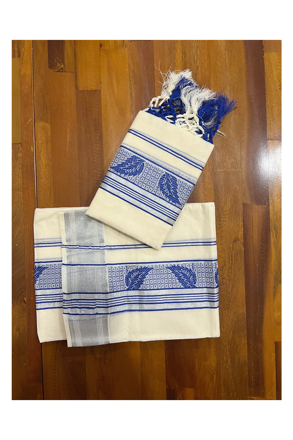 Kerala Cotton Set Mundu Single (Mundum Neriyathum) with Silver Kasavu and Blue Woven Border and Tassels Work