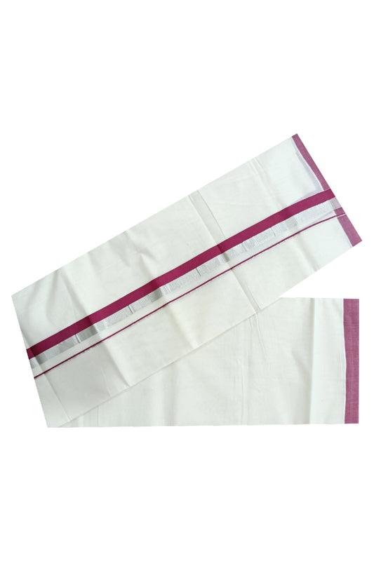 Off White Kerala Double Mundu with Silver Kasavu and Maroon Kara (South Indian Dhoti)