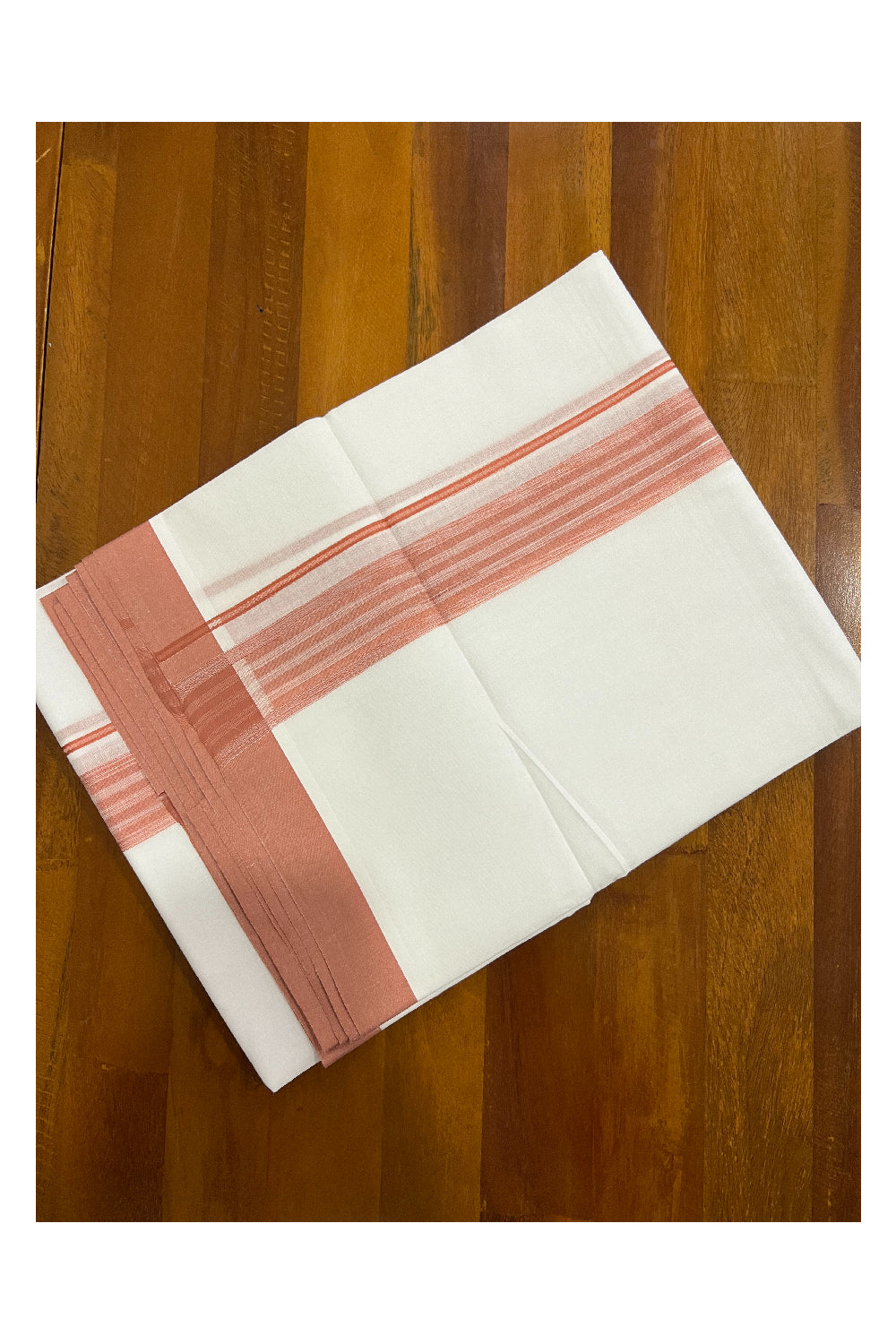 Pure White Kerala Cotton Double Mundu with Brick Red Border (South Indian Dhoti)