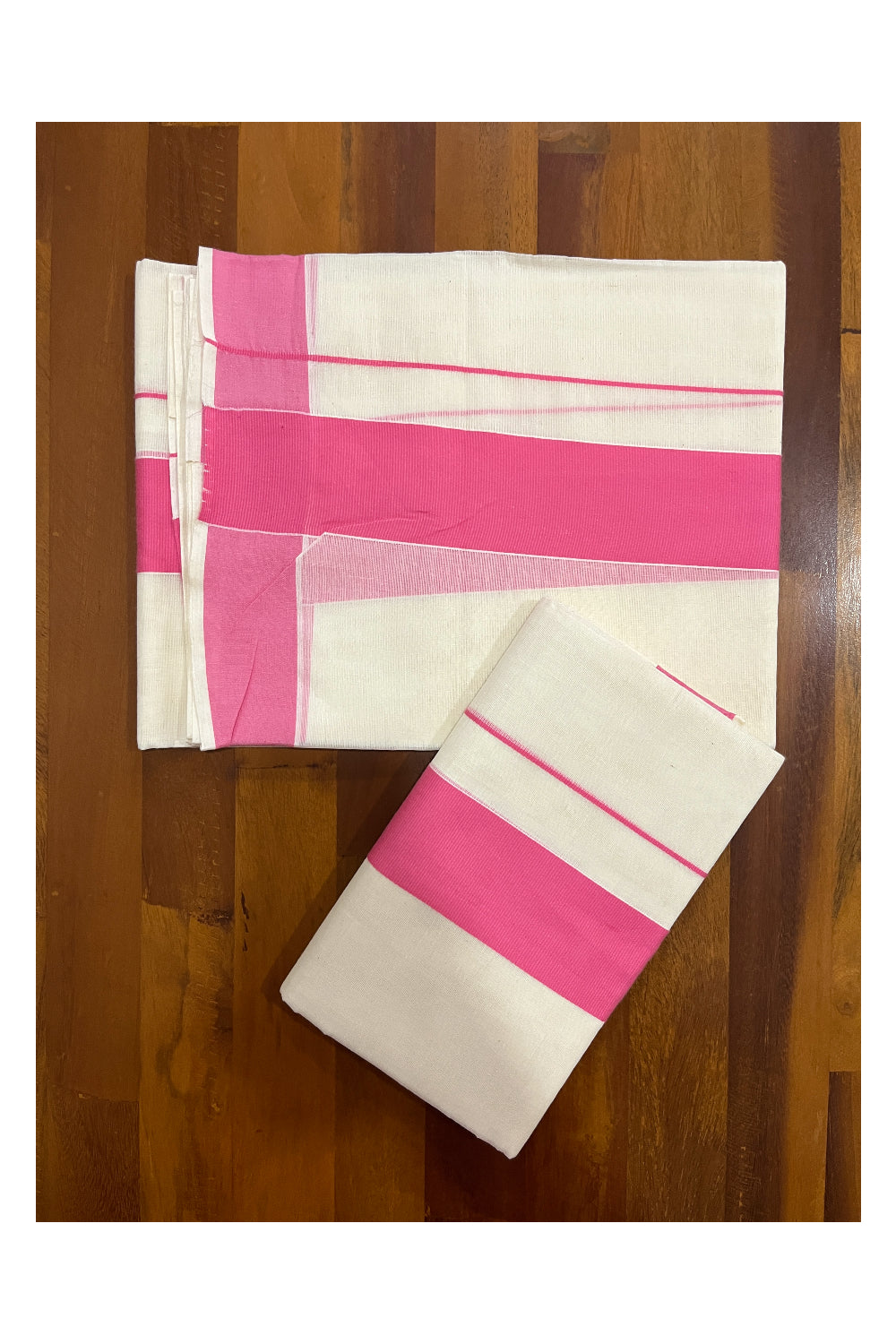 Kerala Cotton Mundum Neriyathum Single (Set Mundu) with Pink 2 inch Border