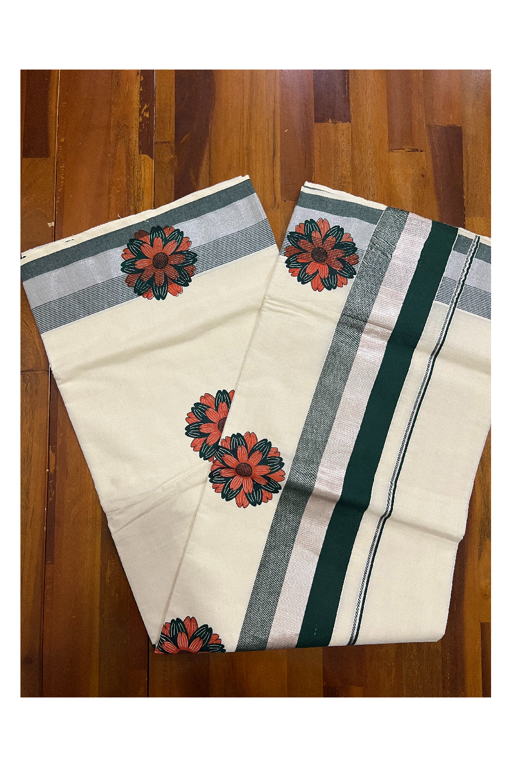 Kerala Cotton Silver Kasavu and Dark Green Border Saree with Orange Green Floral Mural Printed Design