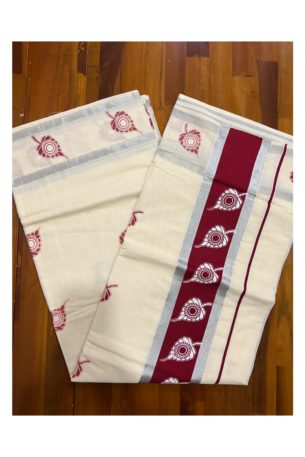 Pure Cotton Kerala Silver Kasavu Saree with White Leaf Block Printed Design in Maroon Pallu