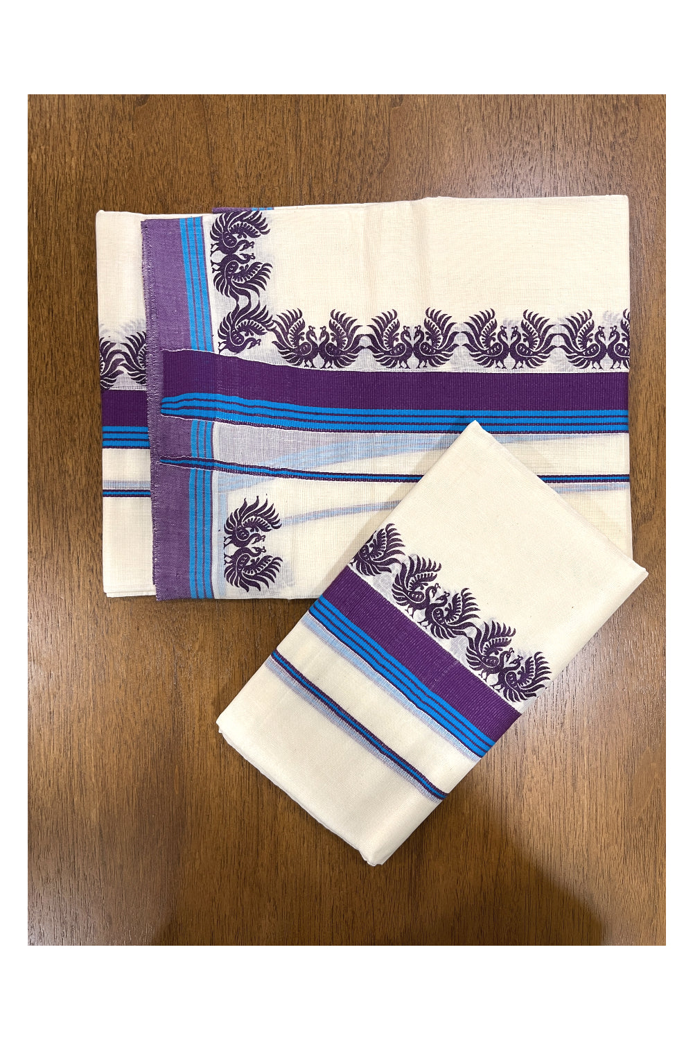 Kerala Cotton Single Set Mundu (Mundum Neriyathum) with Violet Peacock Block Prints on Border