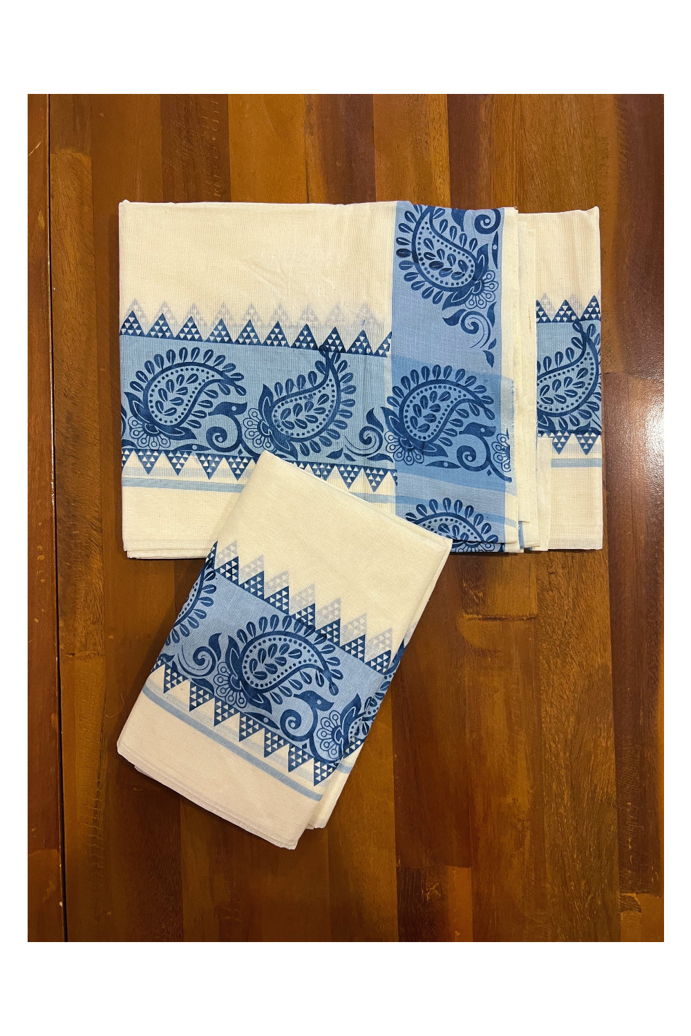 Kerala Cotton Set Mundu (Mundum Neriyathum) with Blue Paisley Temple Block Prints on Border