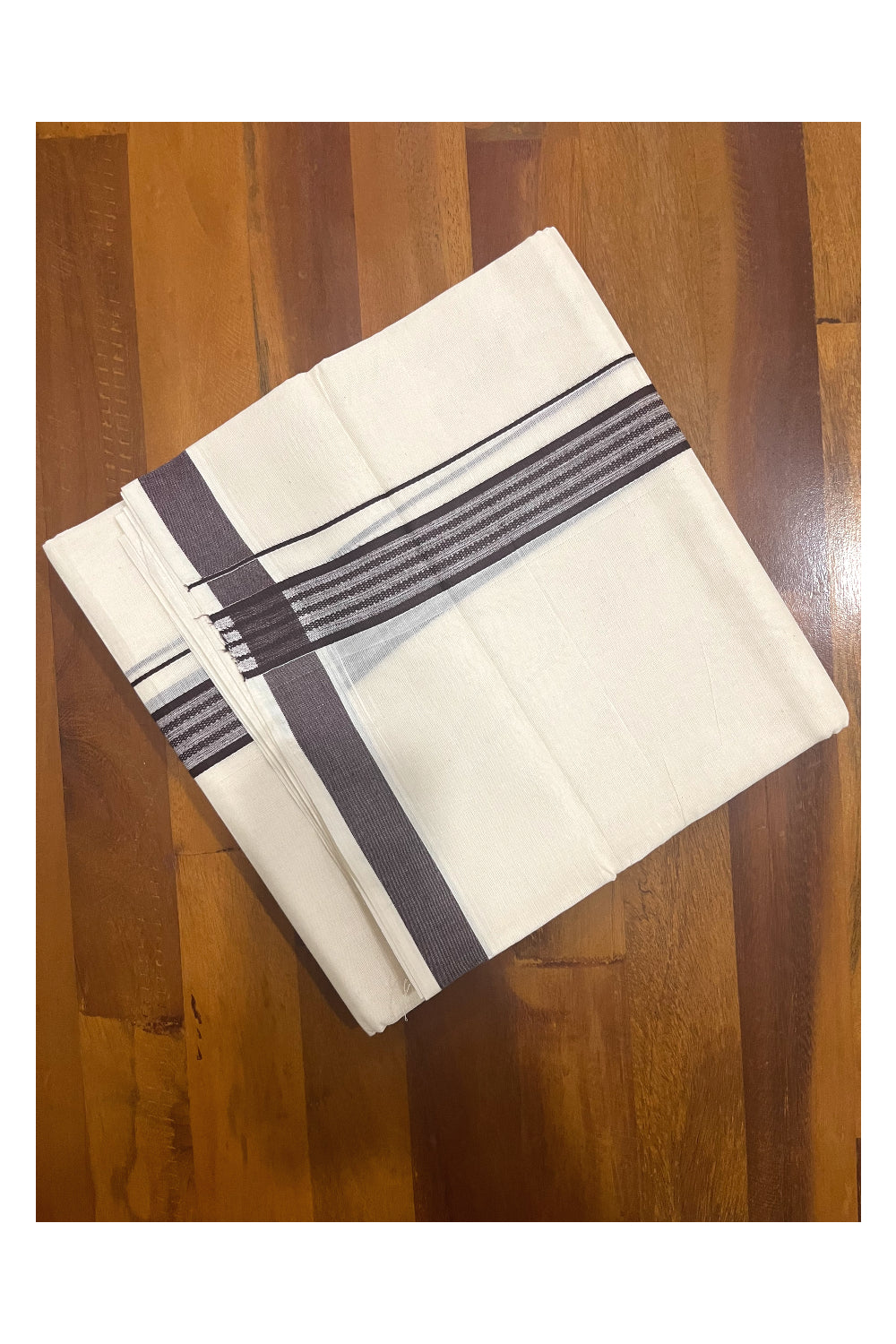 Pure Cotton Off White Double Mundu with Brown Border (South Indian Dhoti)