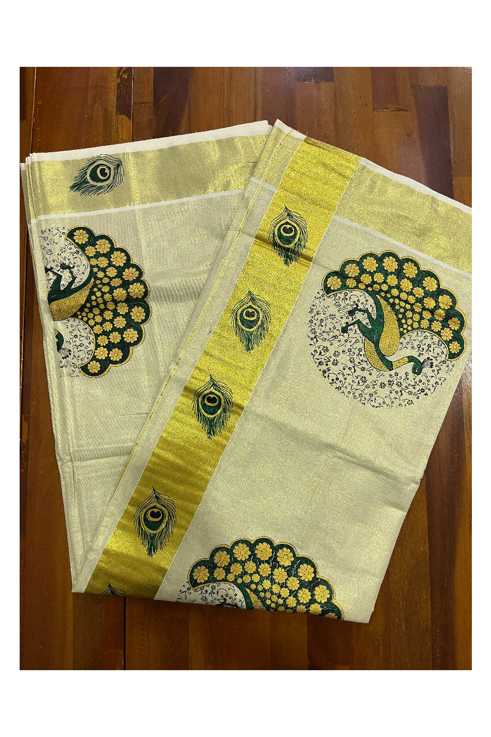 Kerala Tissue Kasavu Saree with Green Peacock Mural Printed Design