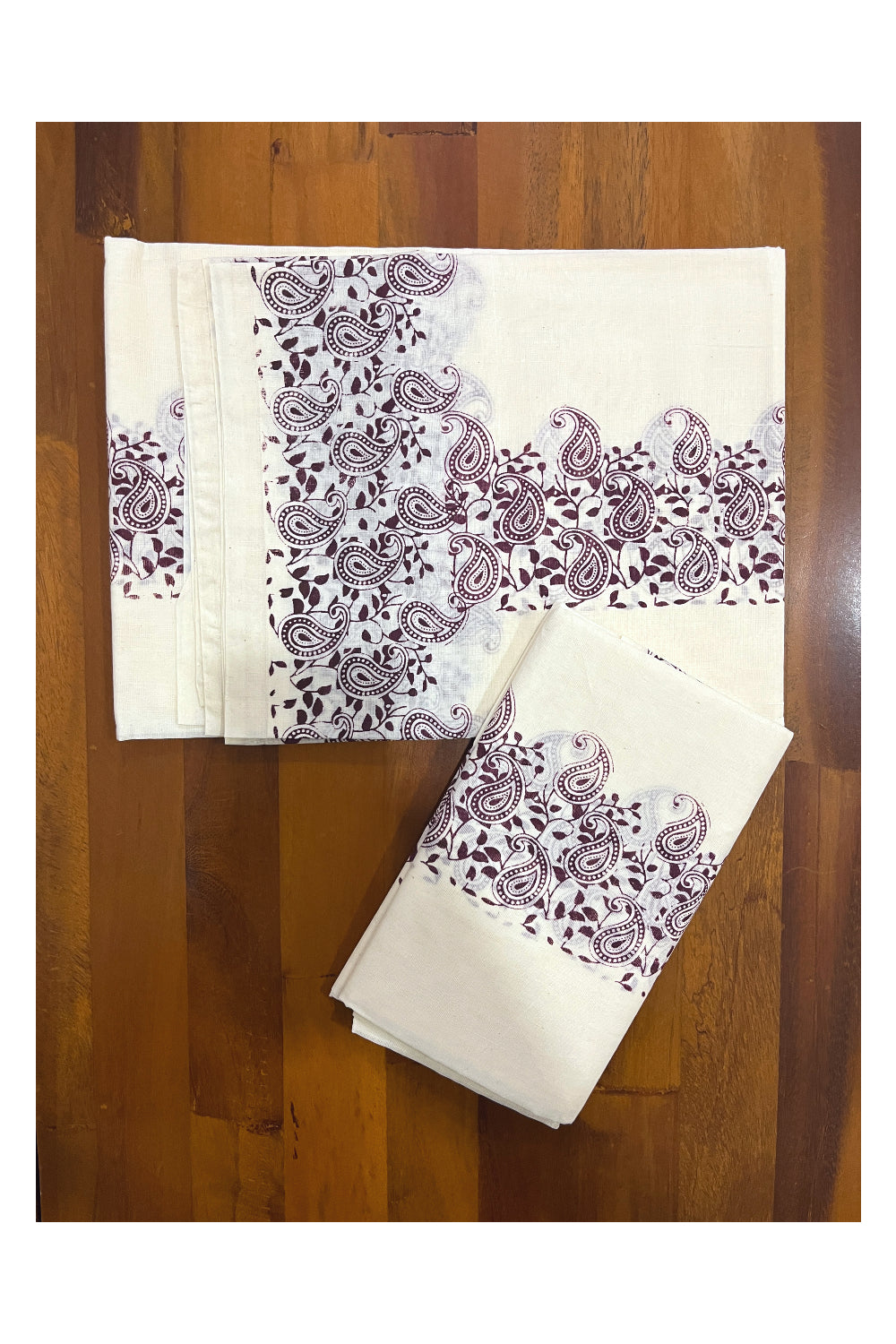 Kerala Cotton Set Mundu (Mundum Neriyathum) with Purple Paisley Block Printed Border