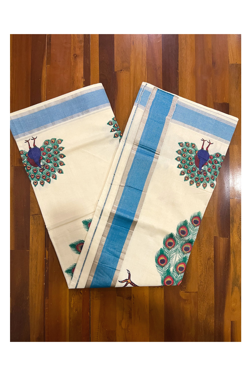 Pure Cotton Kerala Saree with Peacock Mural Prints and Silver Blue Border