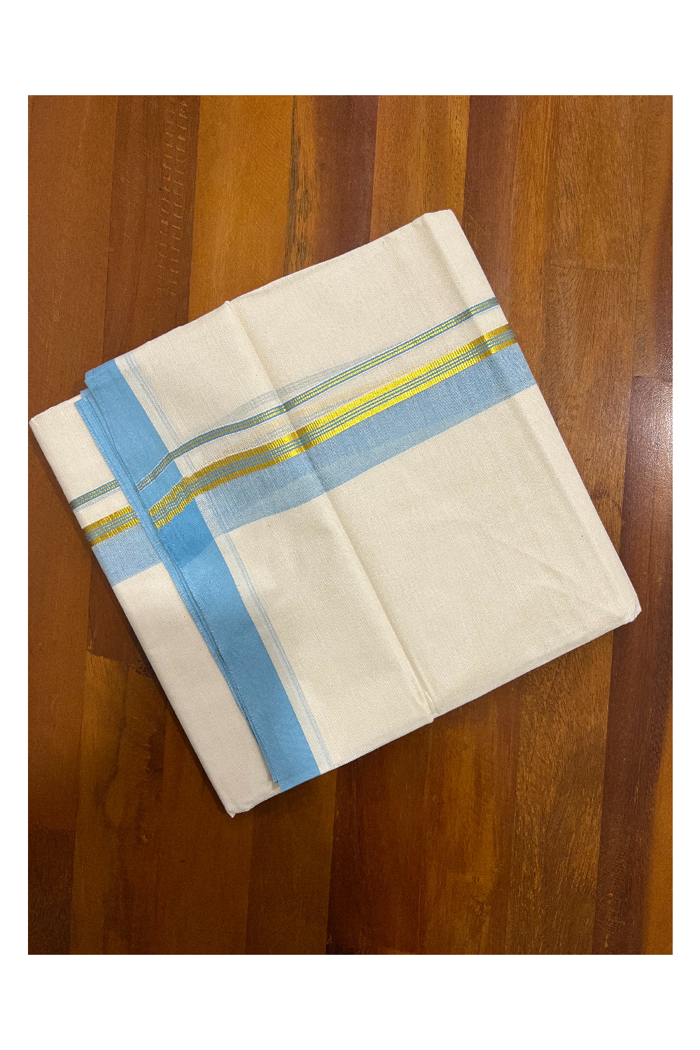 Pure Cotton Off White Double Mundu with Light Blue and Kasavu Border (South Indian Dhoti)