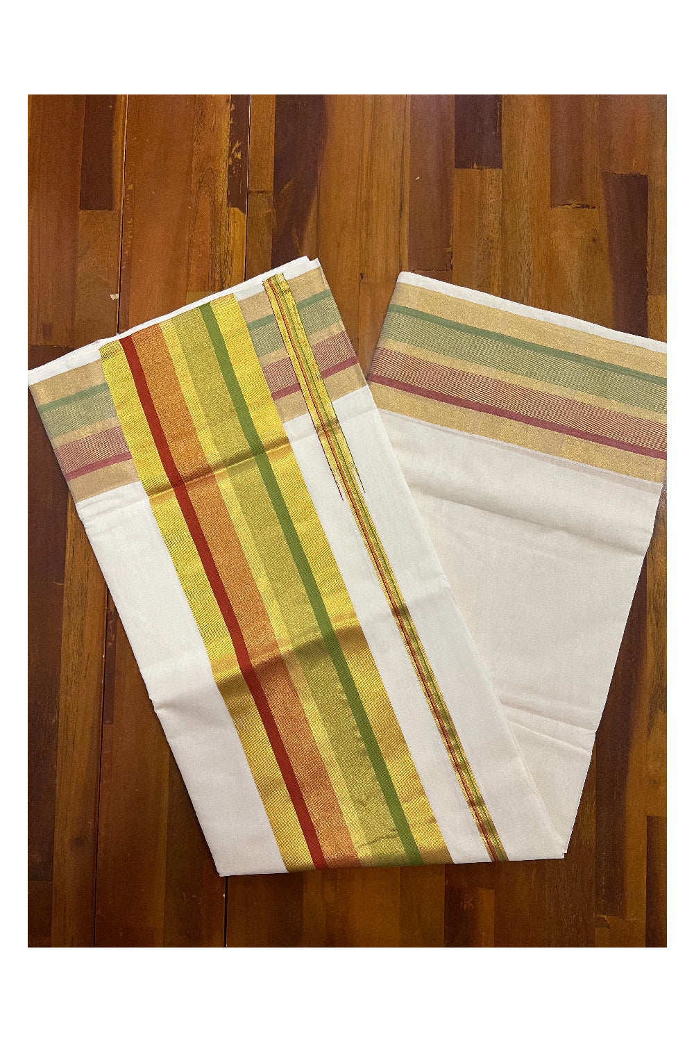 Southloom™ Balaramapuram Handloom Kerala Saree with Kasavu Light Green and Orangish Red Border