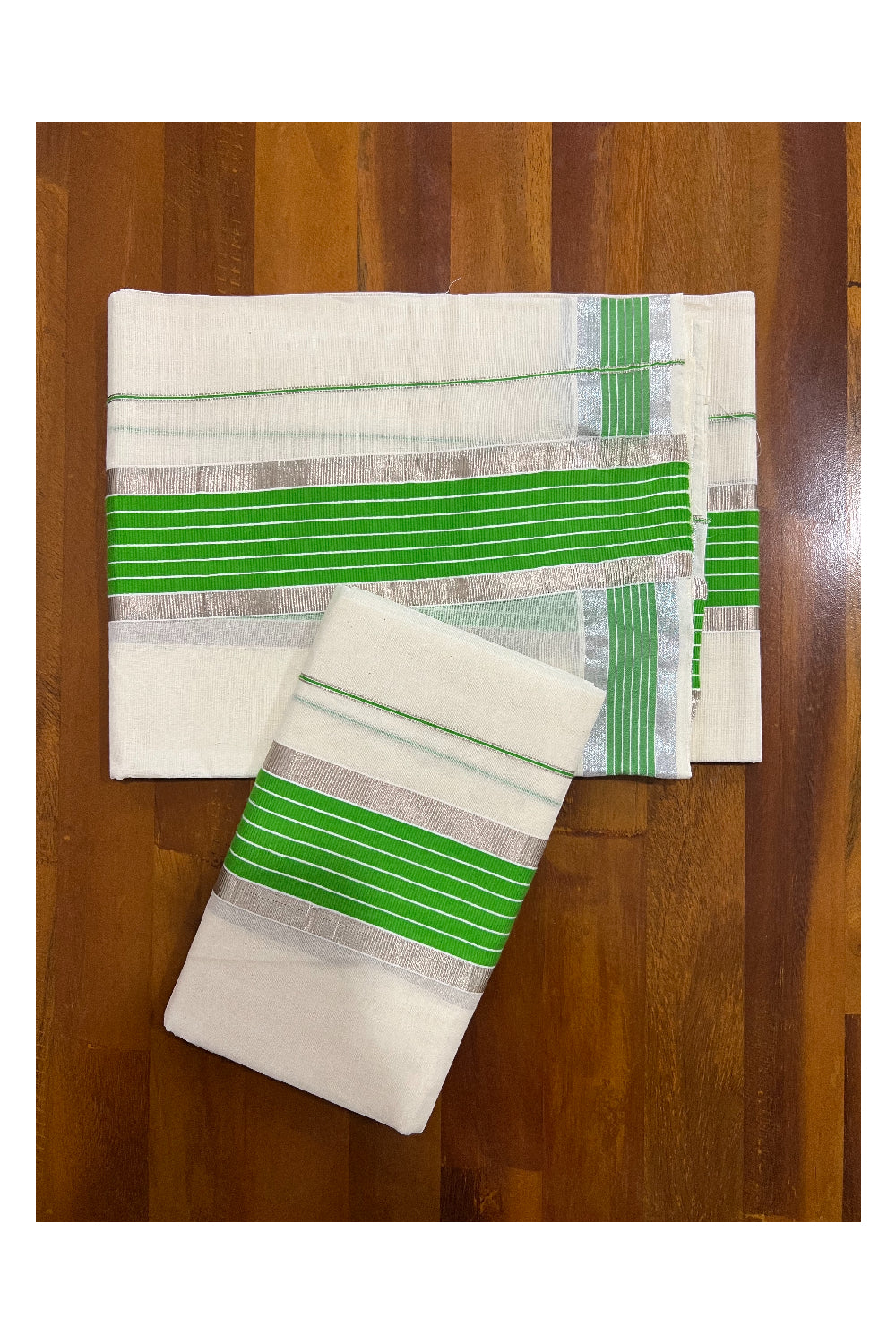 Kerala Cotton Mundum Neriyathum Single (Set Mundu) with Light Green and Silver Kasavu Border