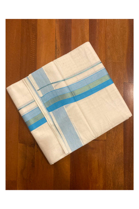 Off White Pure Cotton Double Mundu with Kasavu Line and Blue Border (South Indian Dhoti)