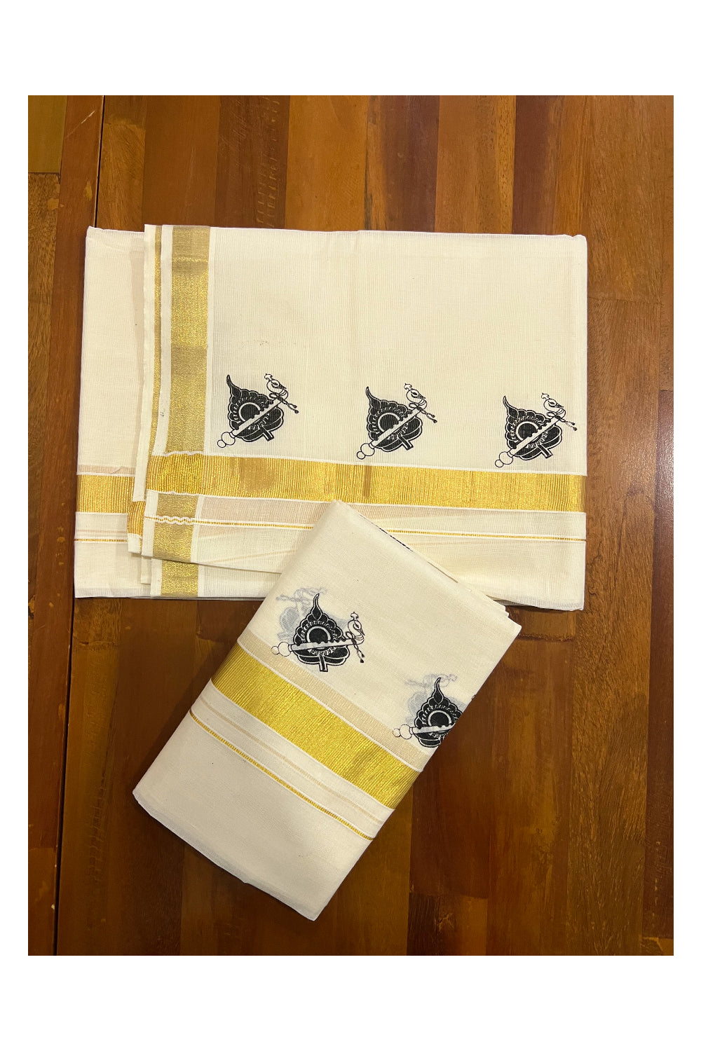 Kerala Cotton Kasavu Set Mundu (Mundum Neriyathum) with Black Block Prints