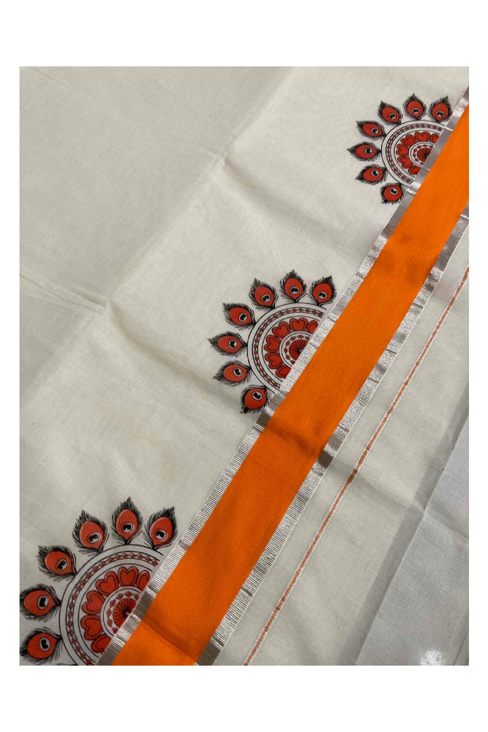 Kerala Pure Cotton Silver Kasavu Saree with Mural Printed Peacock Feather Semi Circle Orange Border