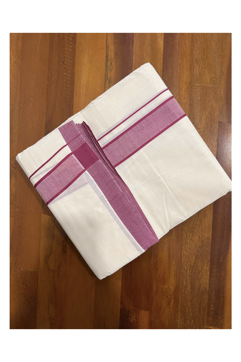 Off White Pure Cotton Double Mundu with Dark Red Kara (South Indian Dhoti)