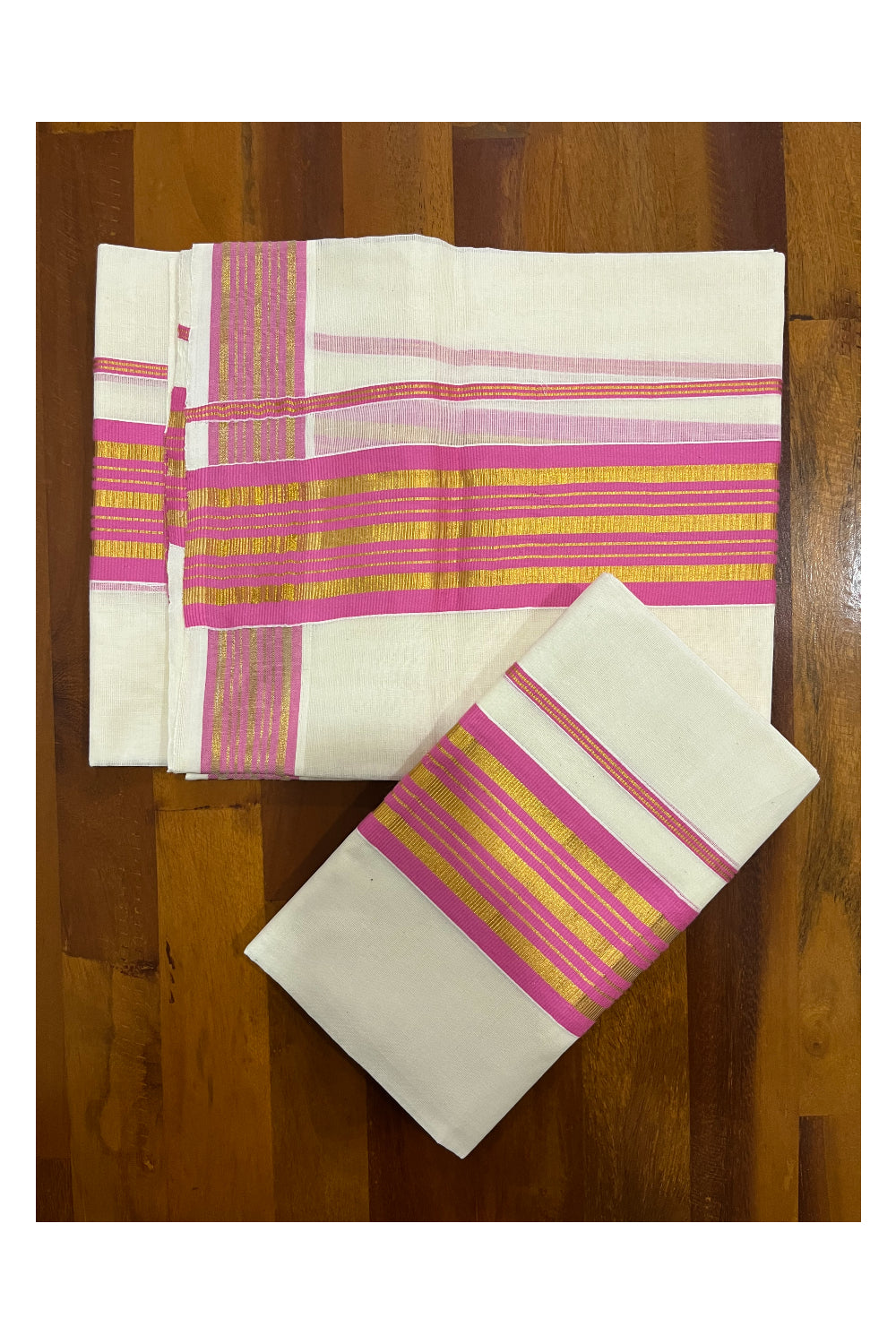 Pure Cotton Kerala Single Set Mundu (Mundum Neriyathum) with Pink and Kasavu Border