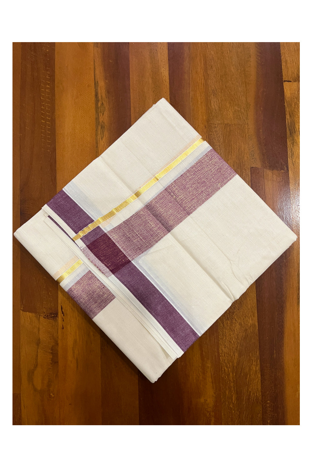 Pure Cotton Double Mundu with Kasavu Purple Kara (South Indian Kerala Dhoti)