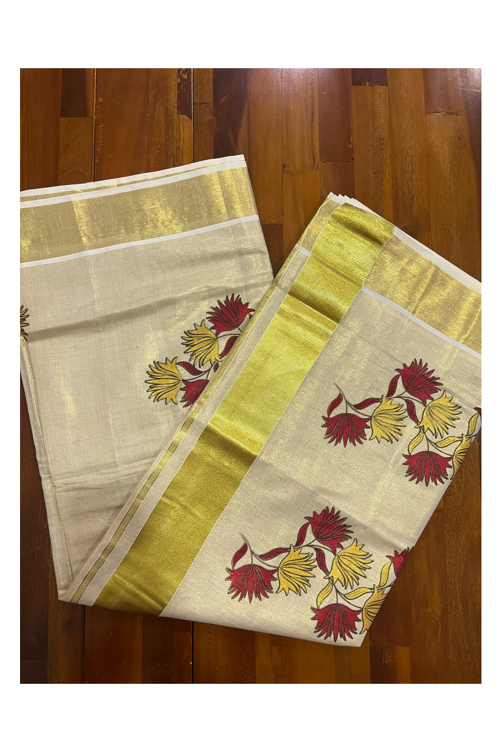 Kerala Tissue Kasavu Saree With Mural Printed Red and Yellow Floral Design