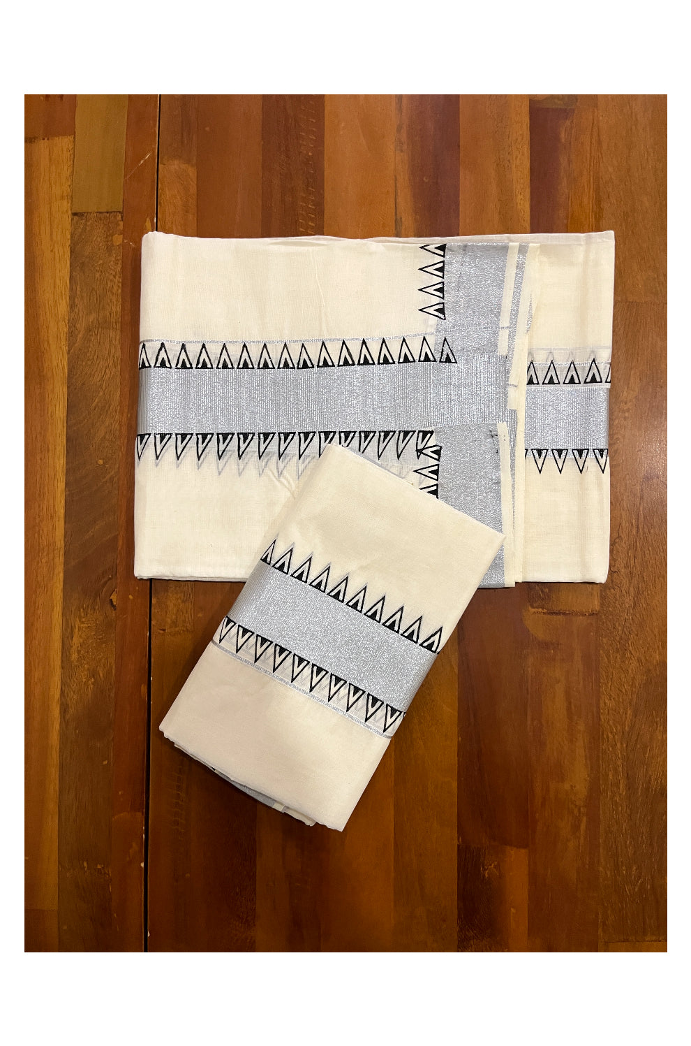 Kerala Cotton Set Mundu (Mundum Neriyathum) with Black Temple Block Prints and Silver Border