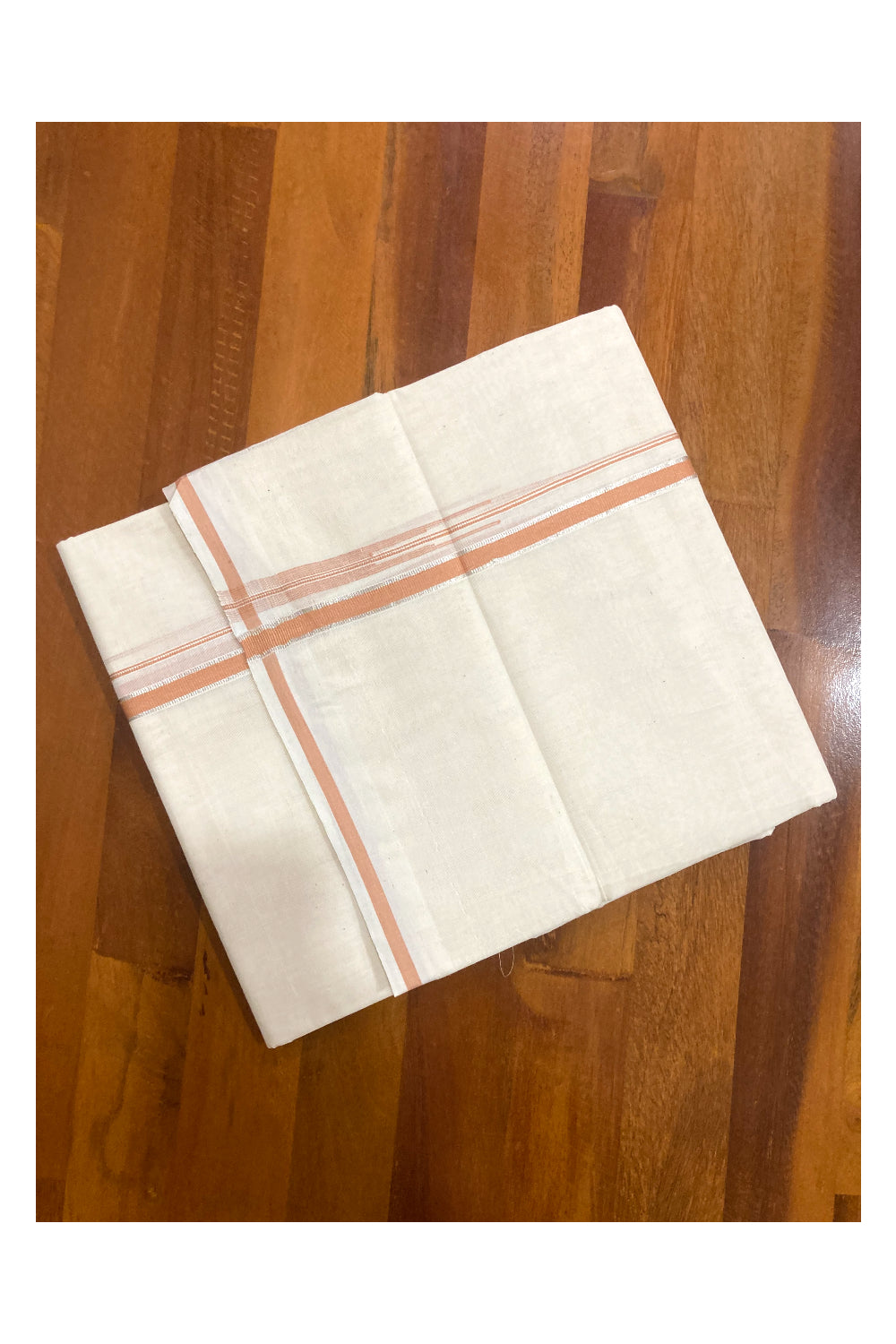 Pure Cotton Off White Double Mundu with Orange and Puliyilakkara Silver Kasavu Border (South Indian Dhoti)