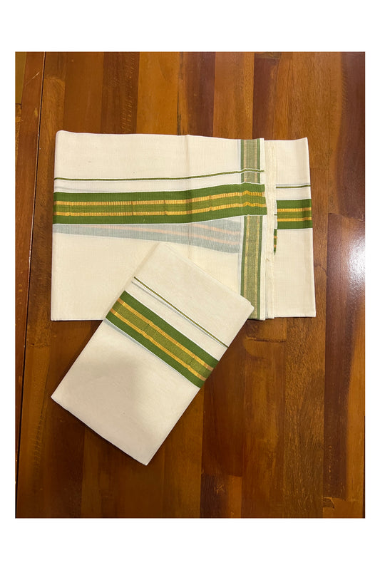 Pure Cotton Kerala Single Set Mundu (Mundum Neriyathum) with Light Green and Kasavu Border