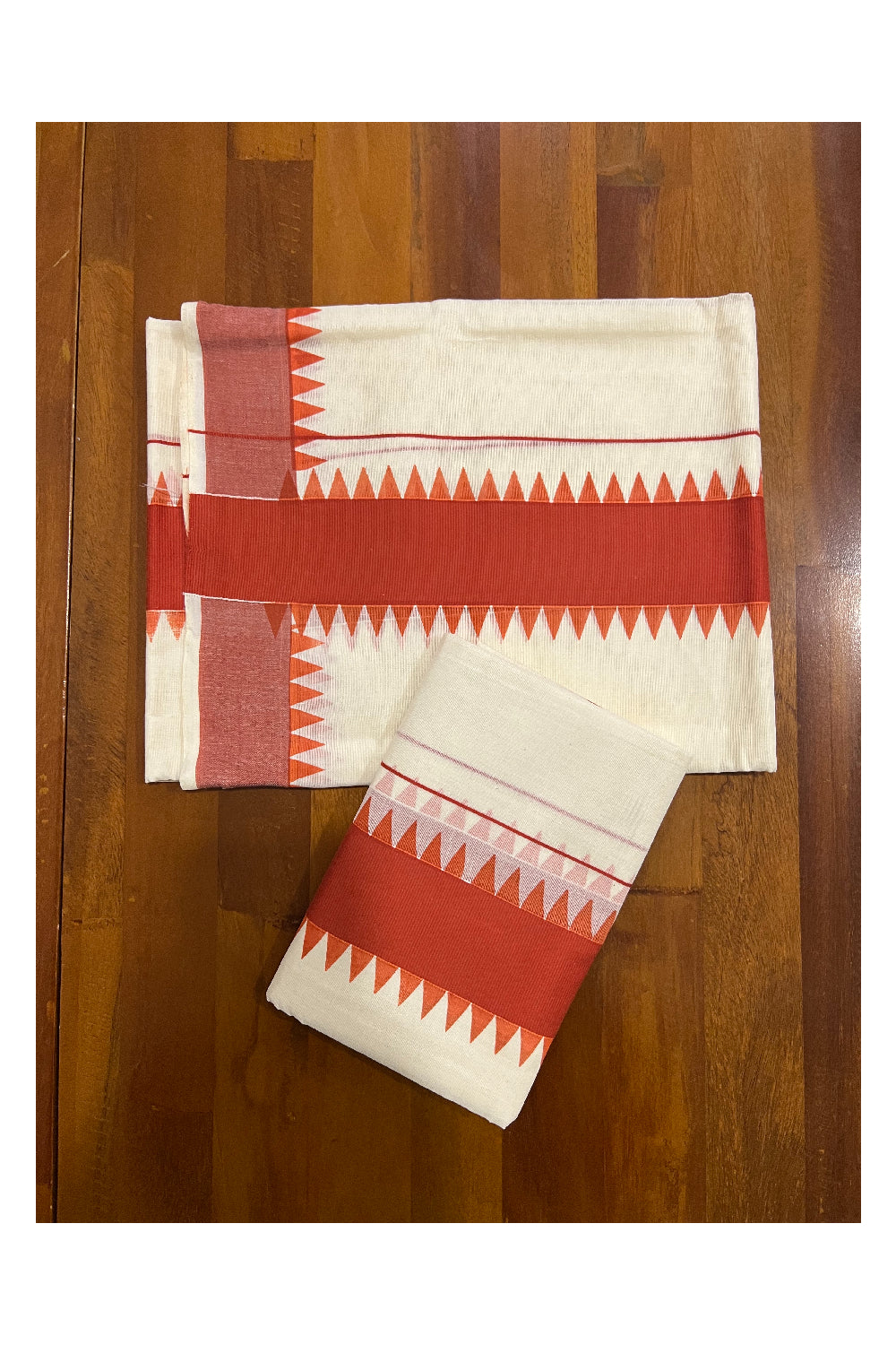 Pure Cotton Set Mundu (Mundum Neriyathum) with Orange Temple Block Prints Border