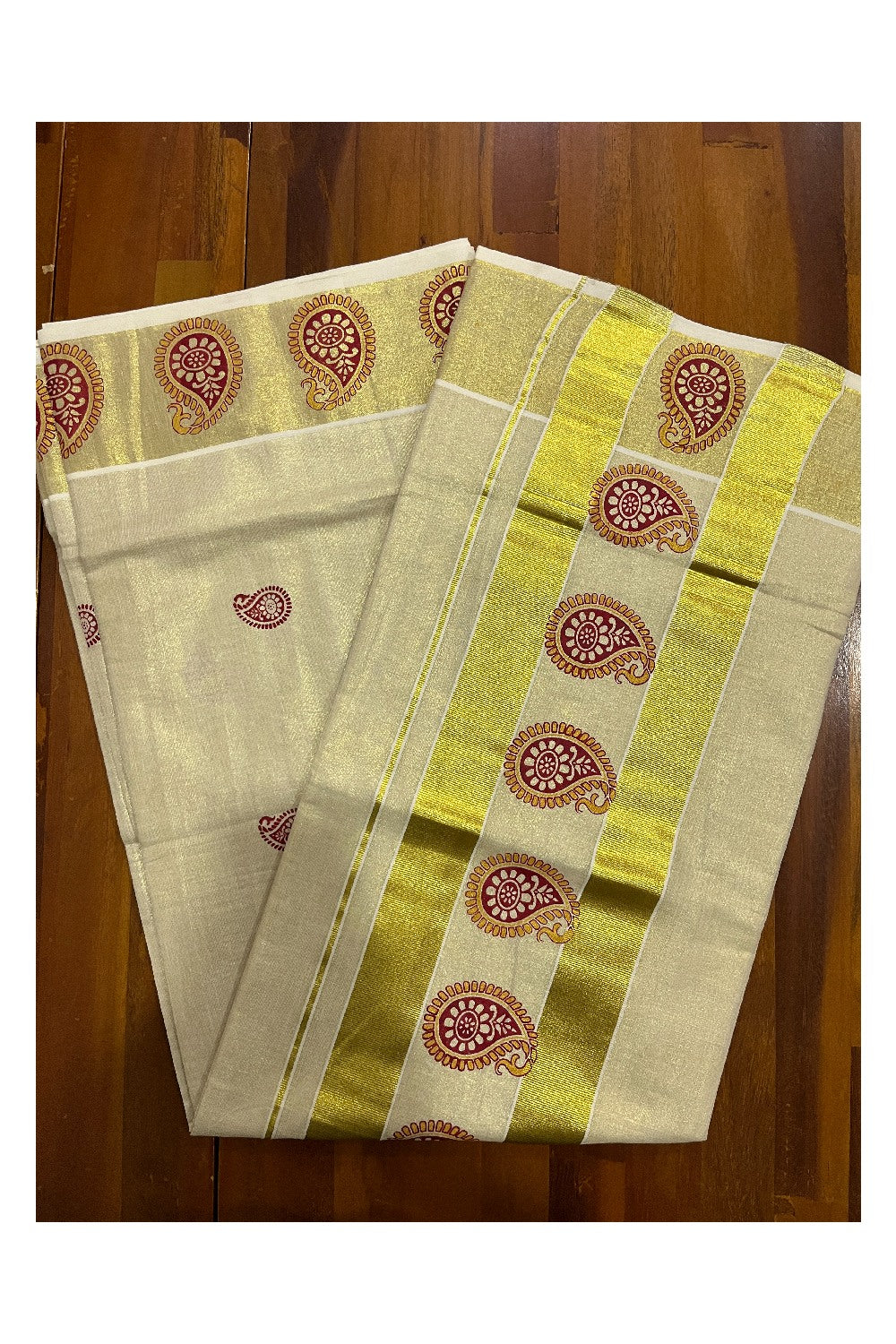 Kerala Tissue Kasavu Red Paisley Block Printed Design Saree