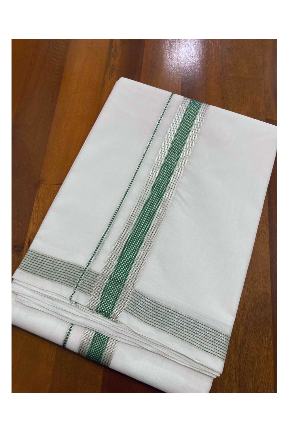 Southloom Premium Handloom Double Mundu with Silver Kasavu and Green Kara