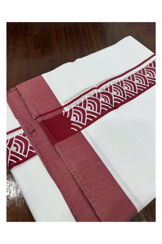 Pure White Cotton Double Mundu with Maroon Block Printed Border (South Indian Kerala Dhoti)