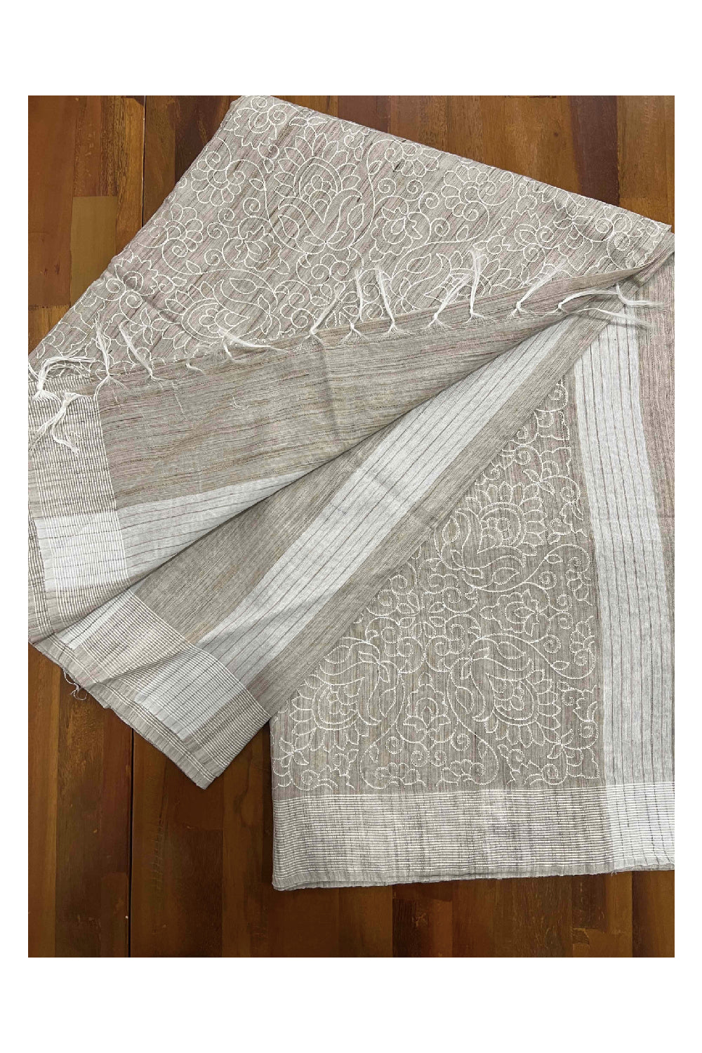 Southloom Cotton Light Brown Floral Thread Work Saree