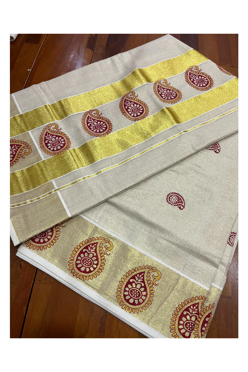 Kerala Tissue Kasavu Red Paisley Block Printed Design Saree