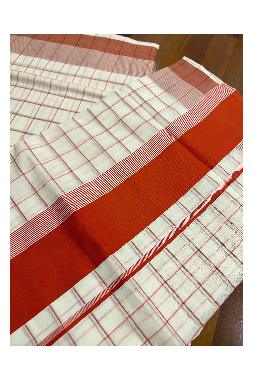 Pure Cotton Kerala Saree with Orange Check Design Works on Body