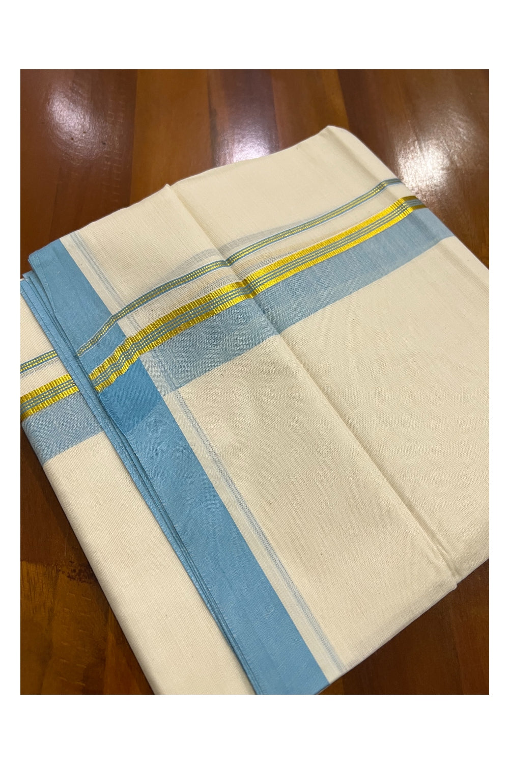 Pure Cotton Off White Double Mundu with Light Blue and Kasavu Border (South Indian Dhoti)