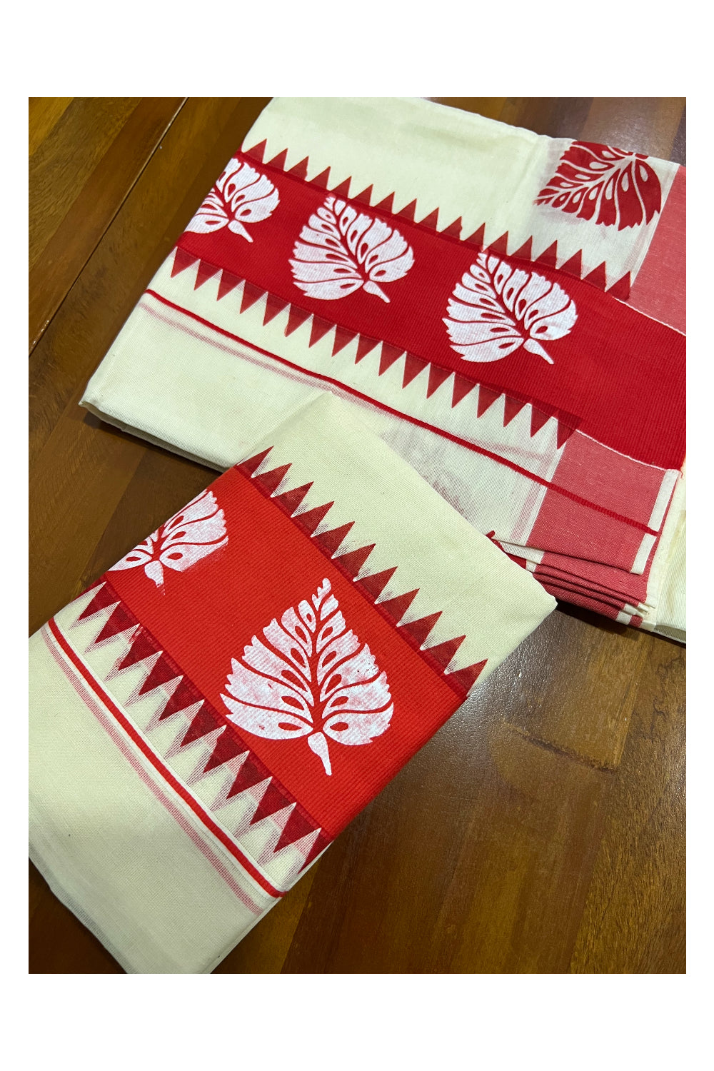 Pure Cotton Kerala Set Mundu (Mundum Neriyathum) with White Leaf Block Prints on Red Temple Border