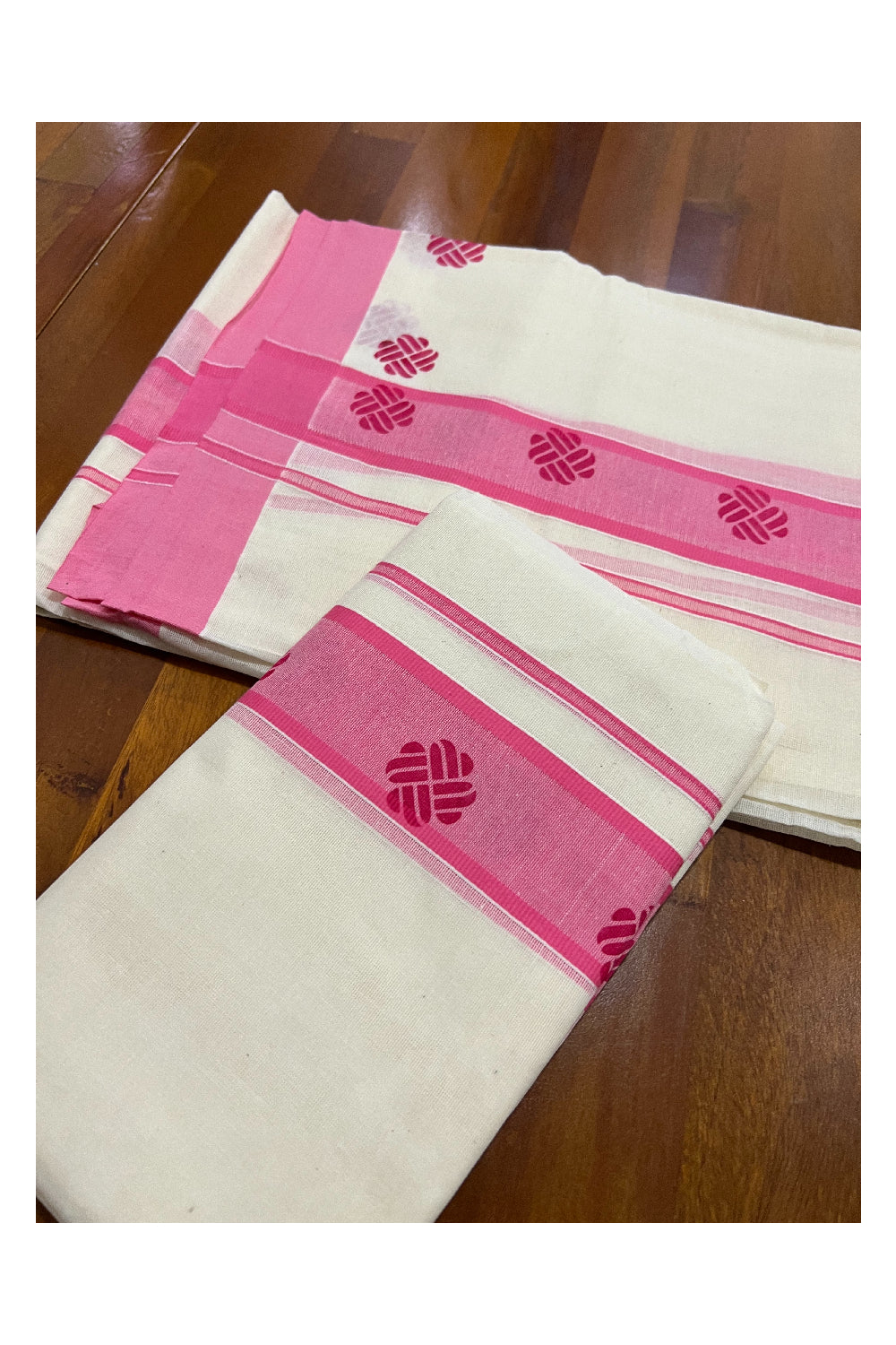 Pure Cotton Set Mundu (Mundum Neriyathum) with Pink Block Prints on Border