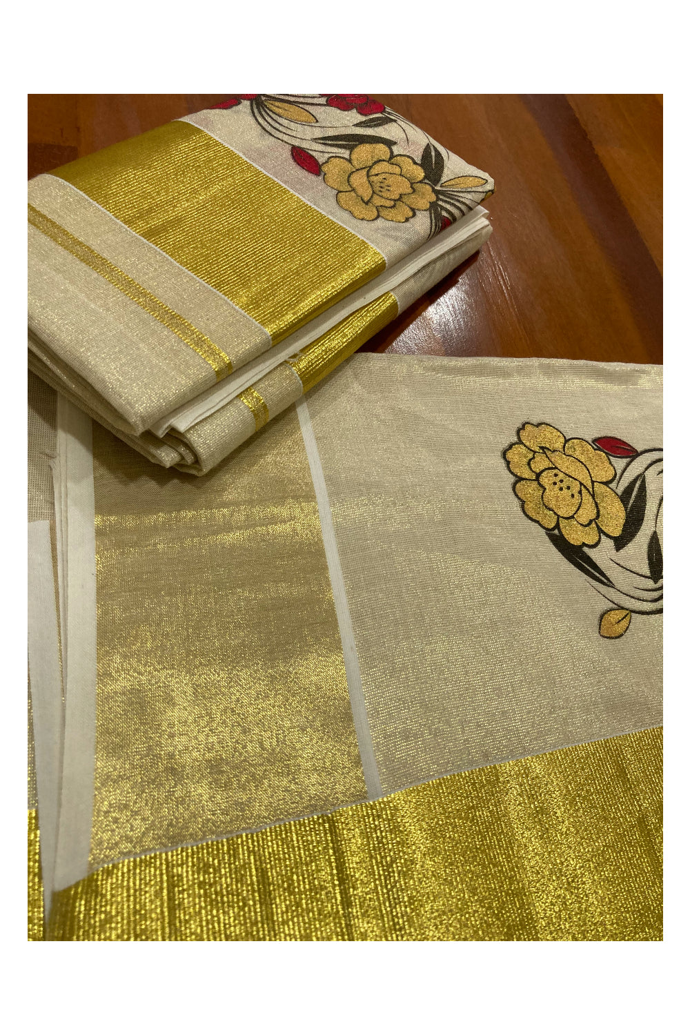 Kerala Tissue Kasavu Set Mundu (Mundum Neriyathum) with Red and Yellow Floral Mural Printed Design 2.80 Mtrs