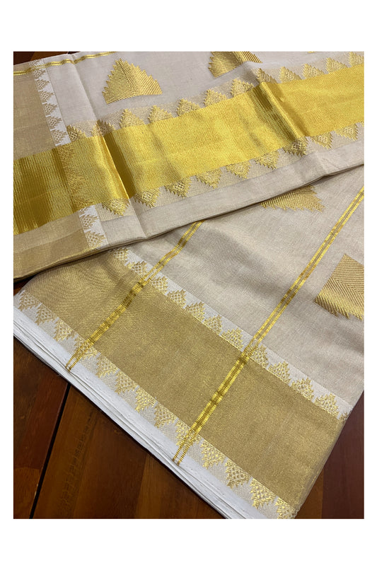 Southloom™ Original Handloom Kasavu Tissue Handwoven Heavy Work Saree with Temple Border