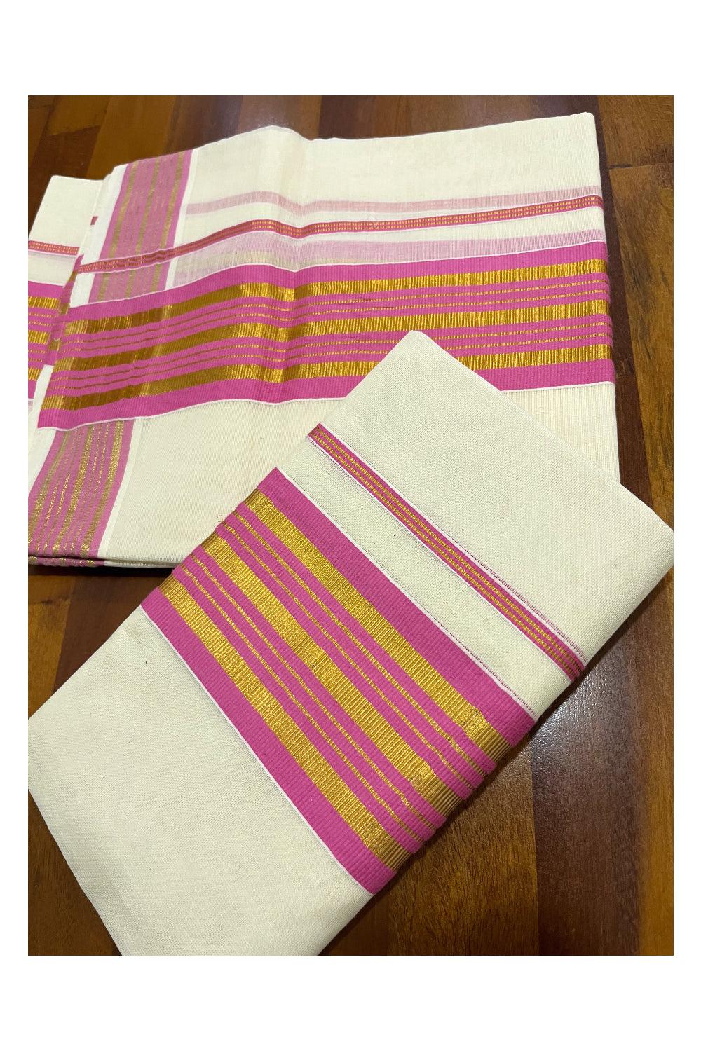 Pure Cotton Kerala Single Set Mundu (Mundum Neriyathum) with Pink and Kasavu Border