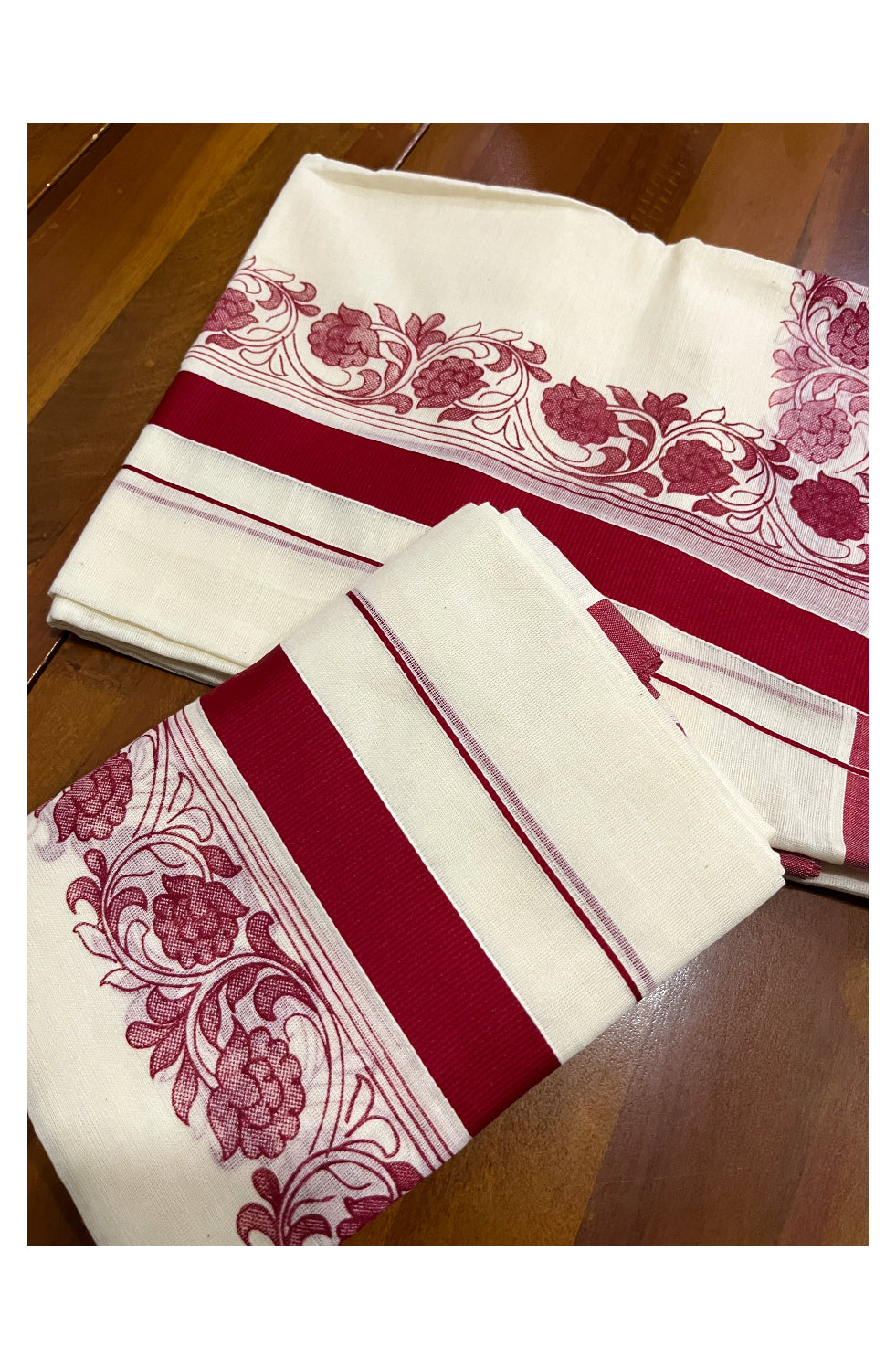 Kerala Cotton Set Mundu (Mundum Neriyathum) with Maroon Block Prints on Border