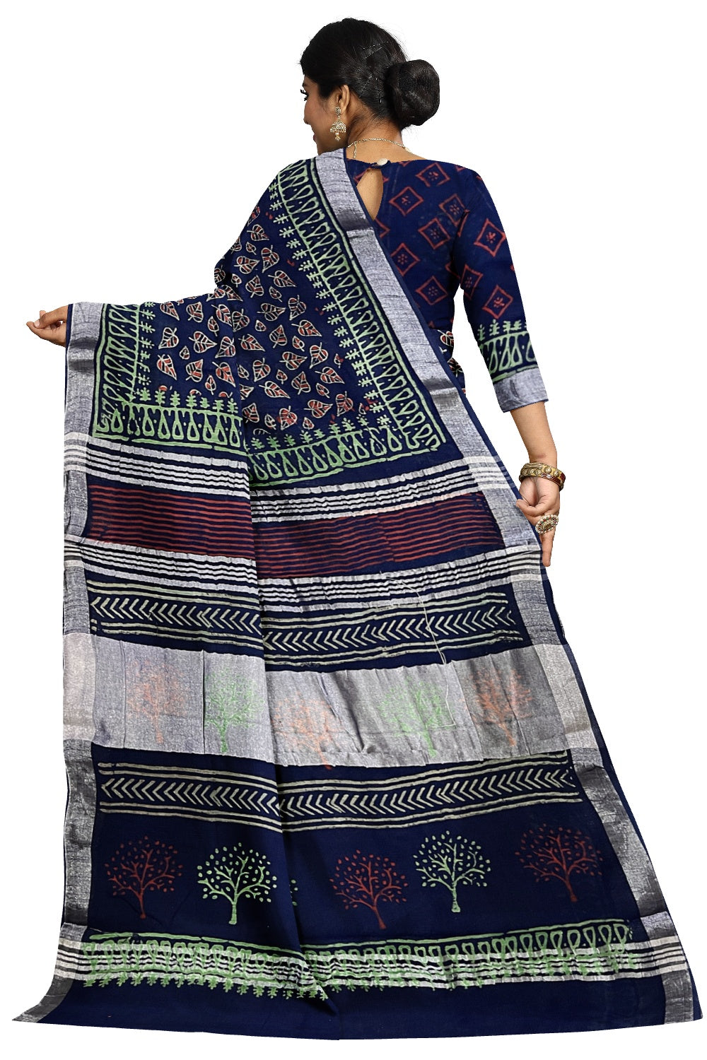 Southloom Linen Designer Blue Saree with Red Green Fabric Prints on Body and Tassels Works