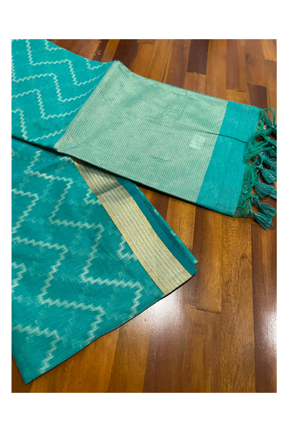 Southloom Green Semi Tussar Designer Saree With Kasavu Zig Zag Works on Body