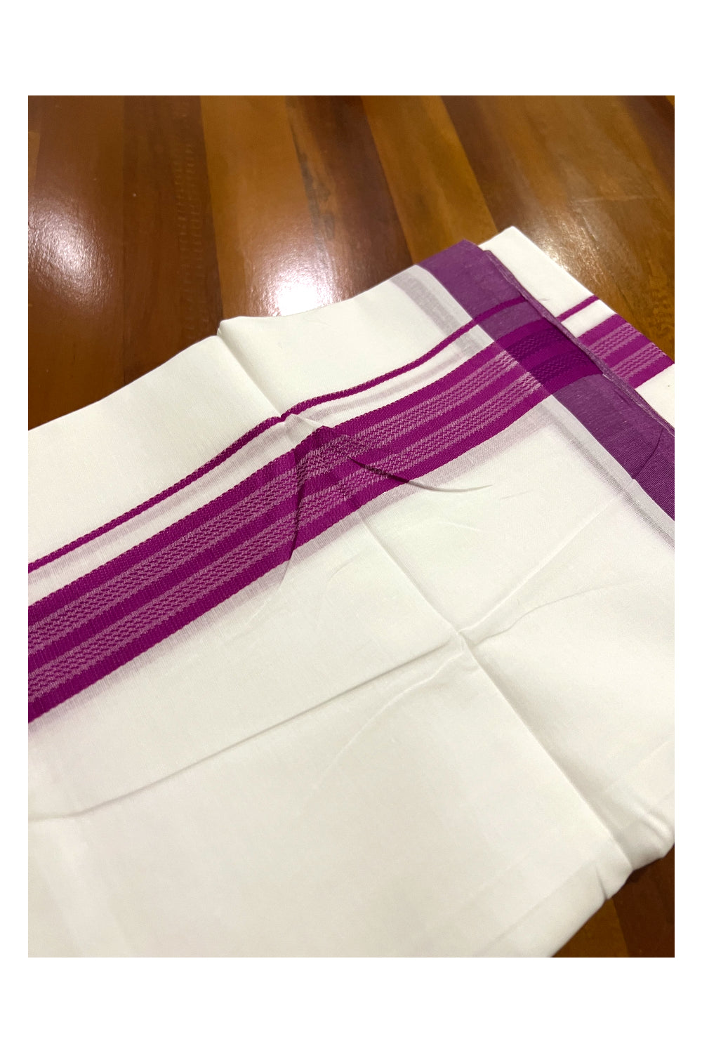 Pure White Cotton Double Mundu with Magenta Border (South Indian Dhoti)