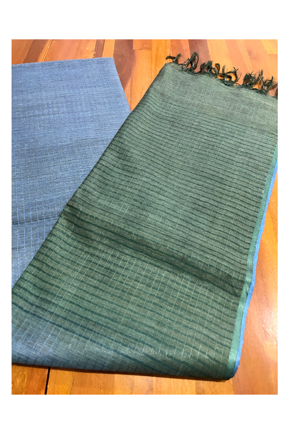 Southloom Cotton Check Design Blue Saree with Green Pallu