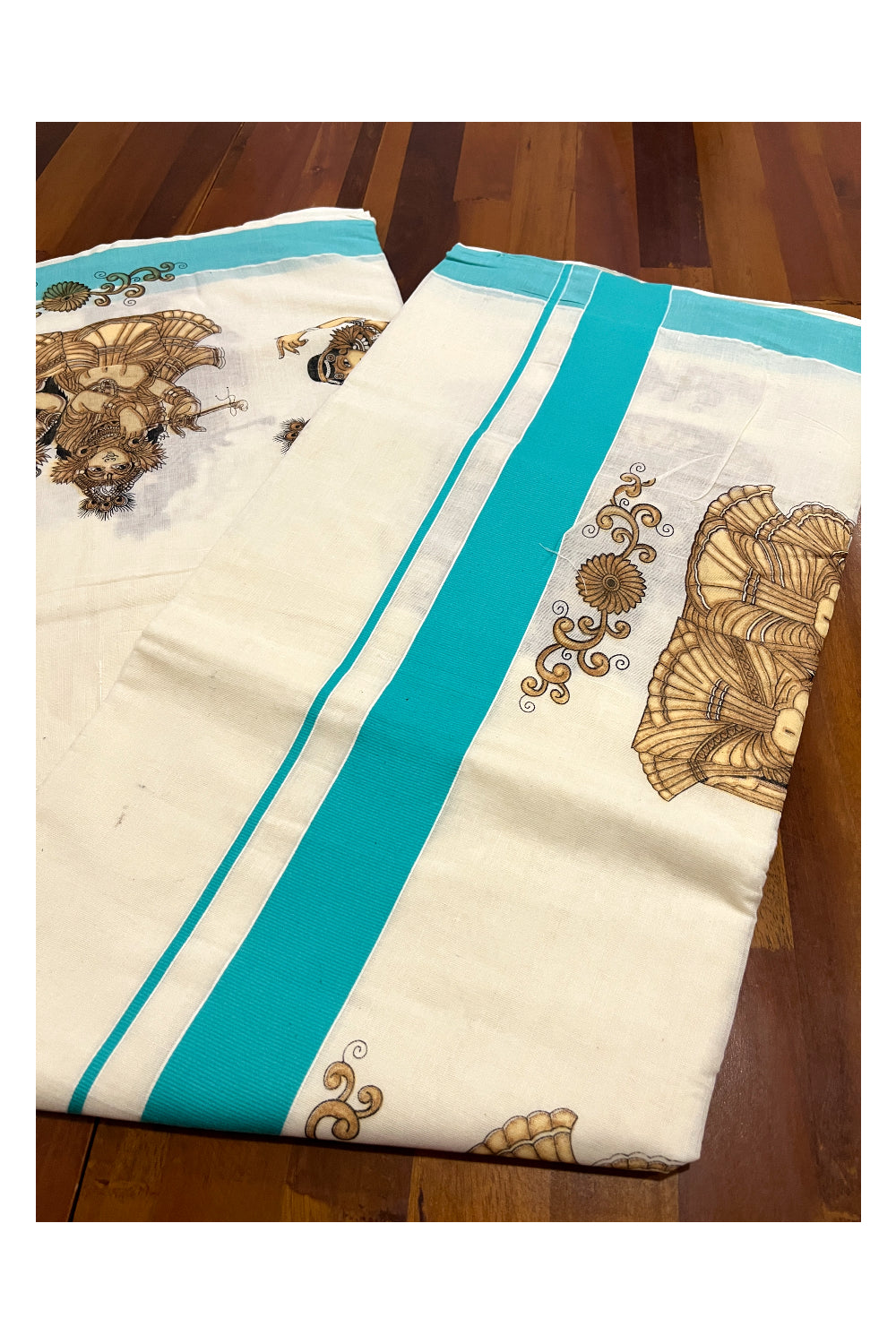 Kerala Pure Cotton Saree with Brown Krishna Radha Prints and Turquoise Border