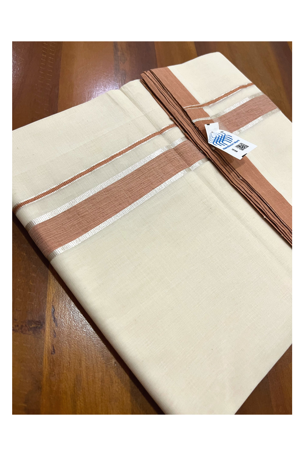 Southloom Premium Unakkupaavu Handloom Wedding Mundu with Brick Red and Silver Kasavu Border