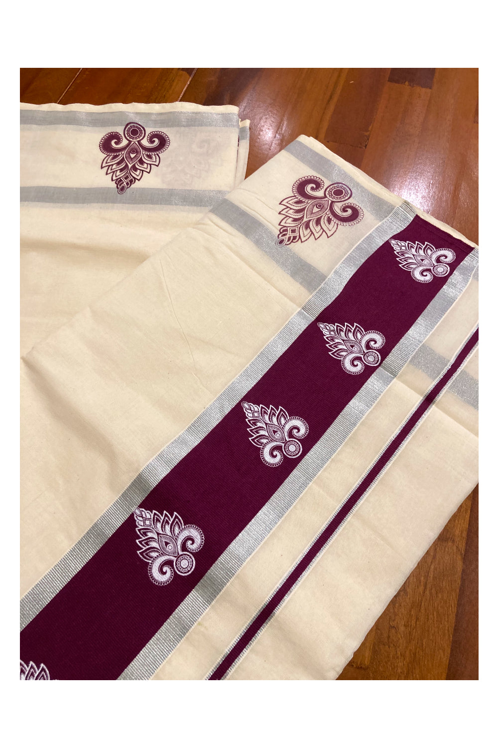 Pure Cotton Kerala Silver Kasavu Saree with White Block Prints in Purple Pallu