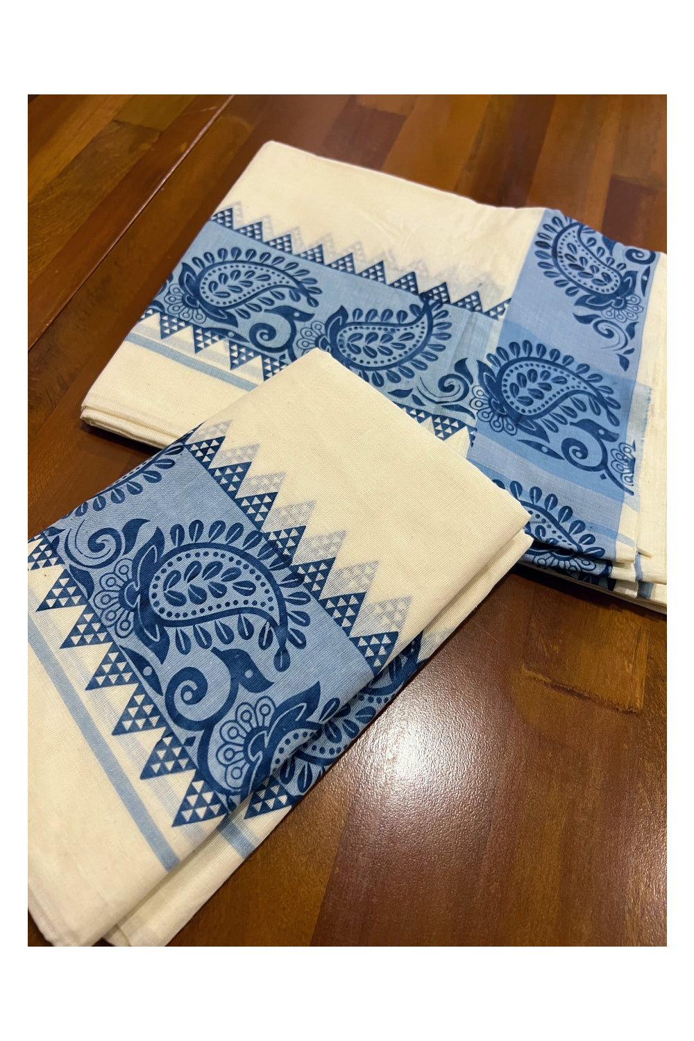 Kerala Cotton Set Mundu (Mundum Neriyathum) with Blue Paisley Temple Block Prints on Border